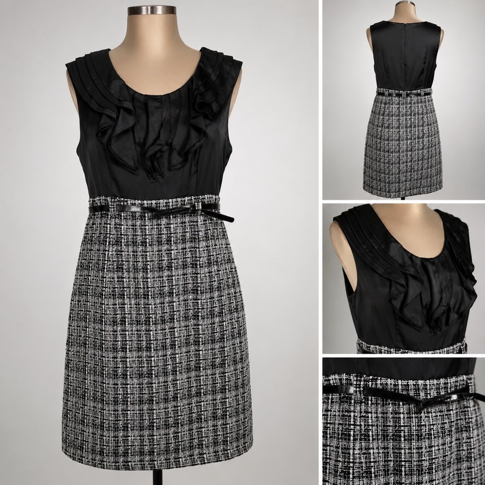 Black Ruffle Satin Tweed Sheath Dress Size 12 Belted Mixed Media Office Alyx